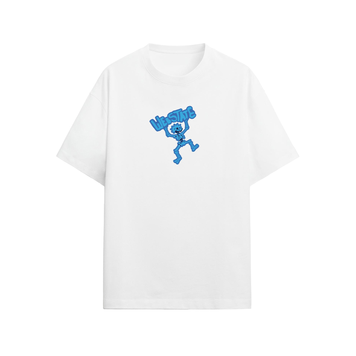 Webstate skellyman blue tee front - blue skeleton graphic skate streetwear
