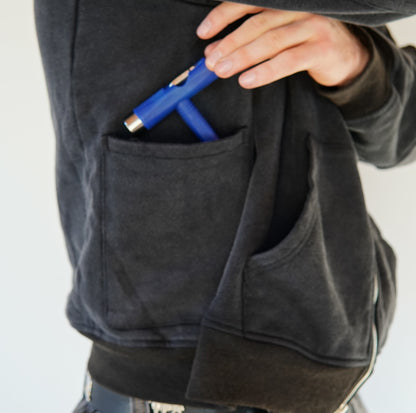 Webstate black zip-up front view - functional cargo zip hoodie for skaters