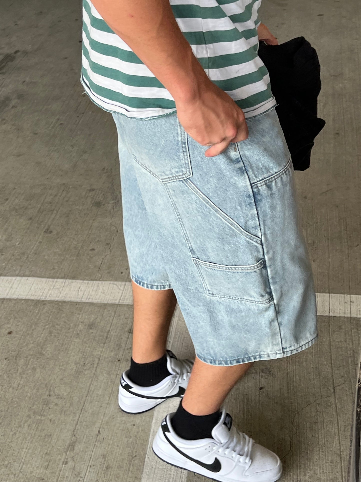 Webstate light blue double knee jorts close-up - skate cargo shorts stitching