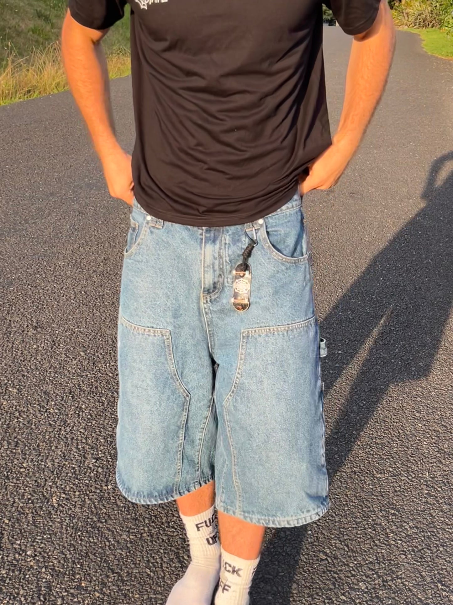 Webstate blue double knee jorts close-up - stitching detail skate cargo shorts