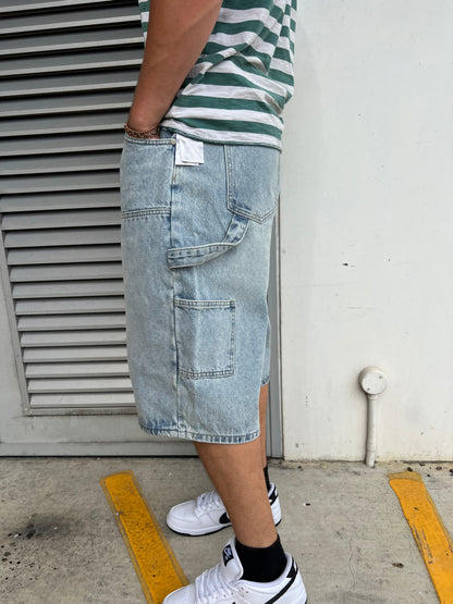 Webstate light blue jorts detail - reinforced knee cargo skate shorts close-up