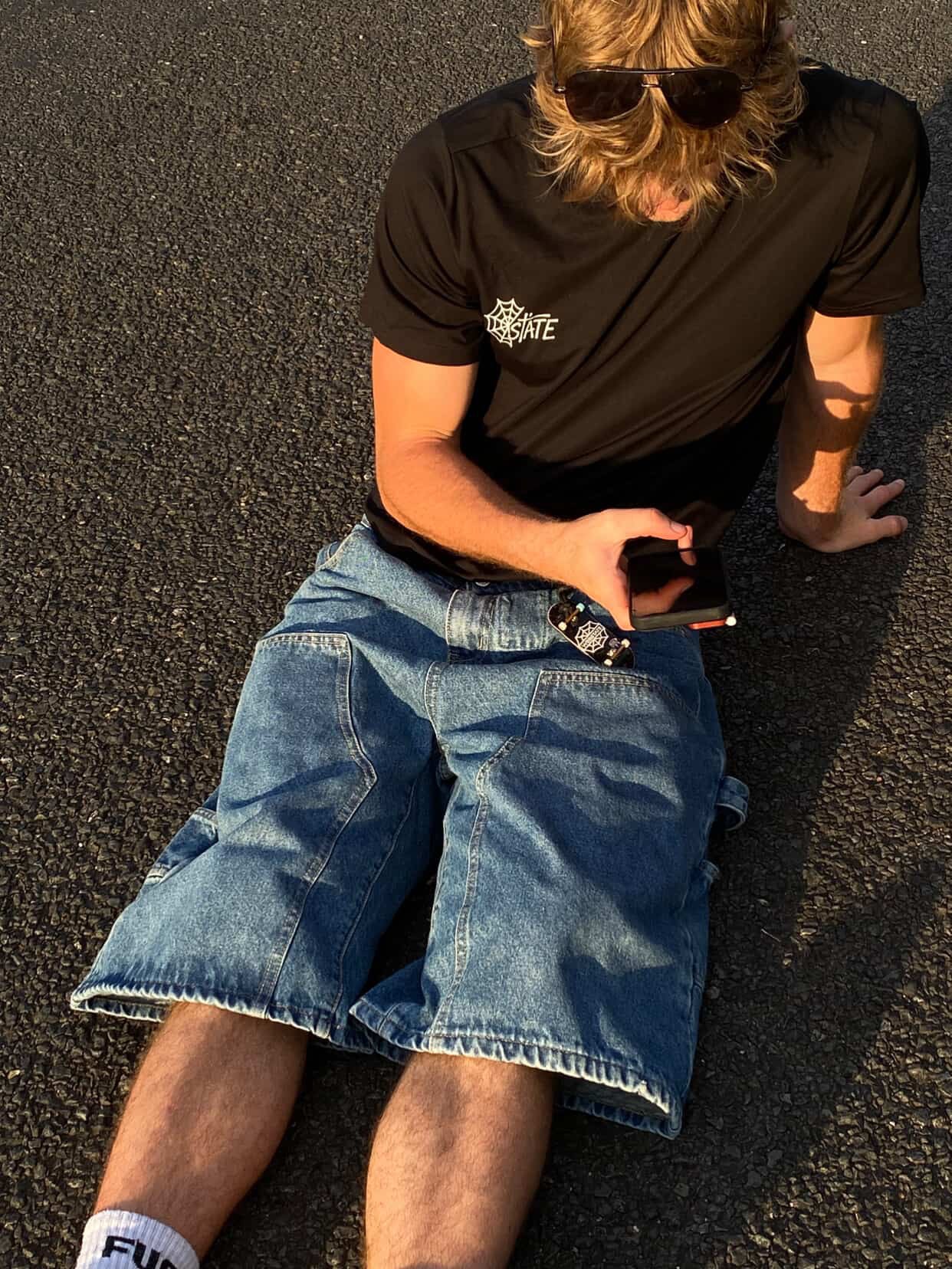Webstate double knee blue jorts side - cargo reinforced skate shorts view
