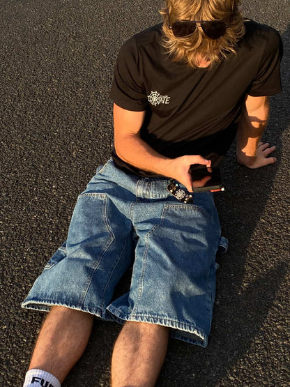 Webstate double knee blue jorts side - cargo reinforced skate shorts view