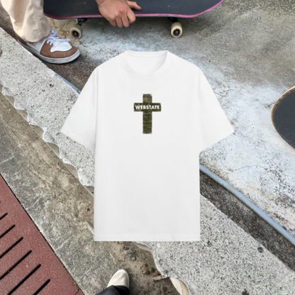 Webstate silent cross tee detail - cross logo close-up skate brand tee