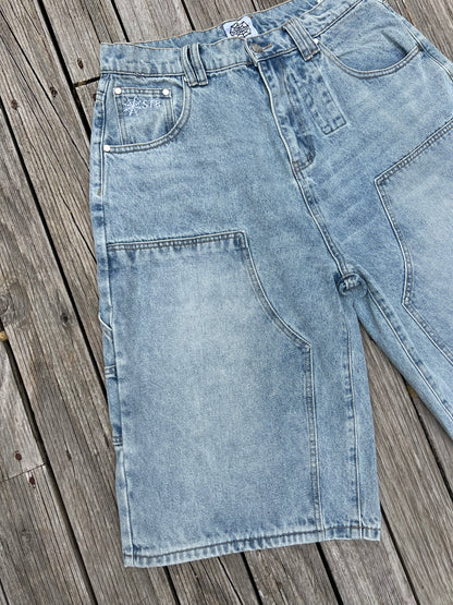 Webstate light blue double knee jorts on skater - functional reinforced skate